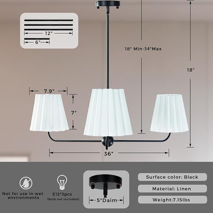 Mid-Century Modern Chandelier - 3-Light Kitchen Island & Dining Room Pendant with Matte Black Frame, Natural Conical Ivory Pleated Linen Shades, 120° Equal Arms - Image 9