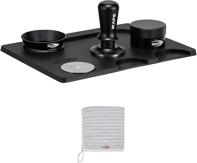 IKAPE 58MM Espresso Tamper Kit Black 6 IN 1, Coffee Tamper Set Including Tamper, Distributor, Magnetic Dosing Funnel, Silicone Mat, Puck Screen, and Cleaning Towel