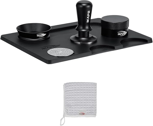 IKAPE 58MM Espresso Tamper Kit Black 6 IN 1, Coffee Tamper Set Including Tamper, Distributor, Magnetic Dosing Funnel, Silicone Mat, Puck Screen, and Cleaning Towel