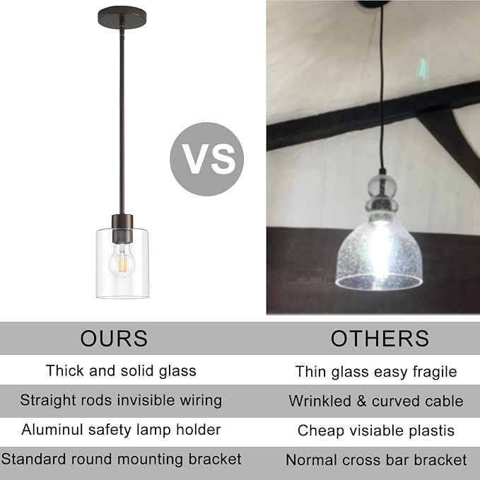 Oil Rubbed Bronze Pendant Lights Kitchen Island - Clear Glass Pendant Light Fixture Multiple Stems Rods 3 Units 12 Inch 3 Units 4 Inch (3 Pack Oil Rubbed Bronze Downrod) - Image 3