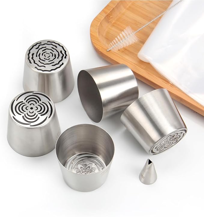 7 Pieces Stainless Steel Extra Large Russian Tulip Icing Tips Set, 5 XXL Russian Flower Piping Nozzles,1 Cleaning Brush,1 Small Leaf Tip for Cake Decorations,Flower Frosting Nozzles for Decorating