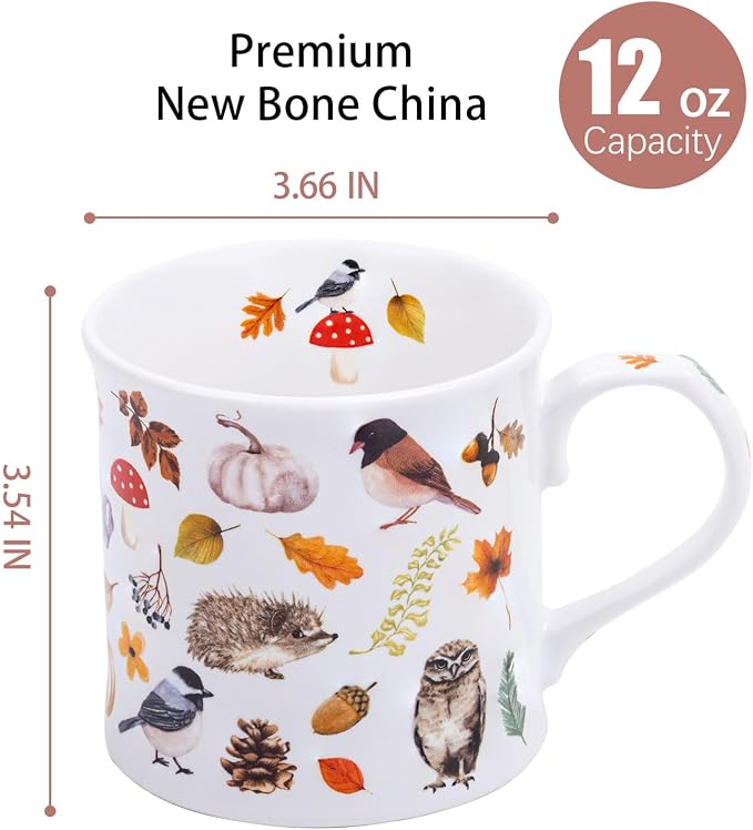 Autumn Animals Coffee Mug, 12 oz New Bone China Mug with Bird, Hedgehog, Owl & Pumpkin Design, Halloween & Fall Seasonal Ceramic Tea Mug, Nature Lover Gift, Designed in England by Harvest Green Studio - Image 3