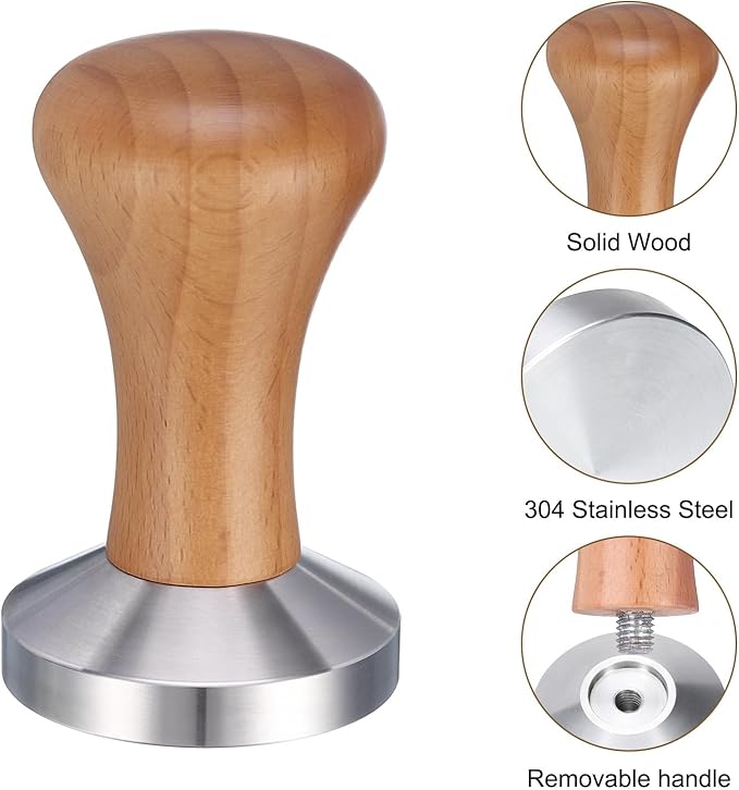 uxcell 53mm Espresso Tamper, Stainless Steel Press Tool Tamper with Wooden Handle, Espresso Accessories for Baristas, Home, Shops, Cafe (Flat Base, Deep Wooden)