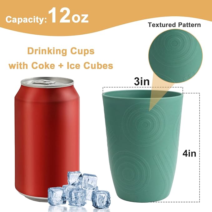 12oz Kitchen Cups - Wheat Straw Cups Set 6, Unbreakable & Lightweight Plastic Cups for Kids, Microwave & Dishwasher Safe Water Tumbler for Picnics, Camping, RV, Plastic Drinking Cups - Green - Image 2
