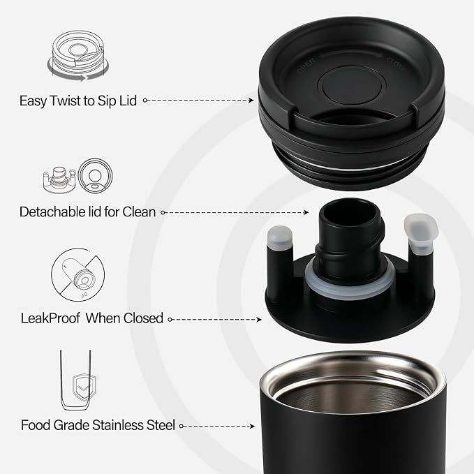16 oz Travel Coffee Mug with Twist-Open Lid, Leak Proof Coffee Travel Mug, Insulated Tumbler Stainless Steel Coffee Cup For Hot And Iced Cold, Spill Proof Fits Cup Holder (Black) - Image 4