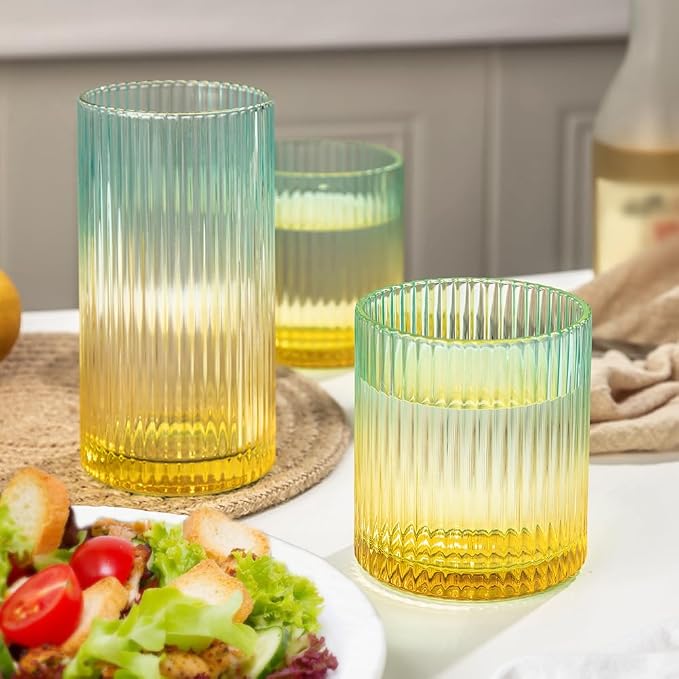 Ribbed Drinking Glasses 8pcs, 12oz and 10oz Glassware, Tumbler Glasses Cup Set for Wedding, Party, Christmas Gift, Golden Green - Image 3