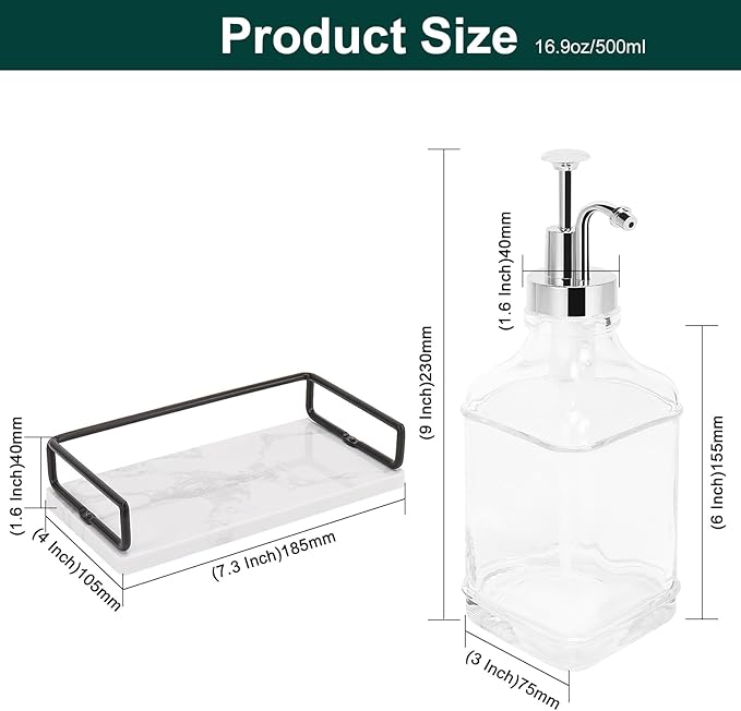Coffee Syrup Dispenser for Coffee Bar, Clear Glass Syrup Bottles with Pump, Refillable Maple Syrup Storage, Coffee Station Accessories and Organizer, 500ml, Set of 2 + Tray (Chrome Finish)