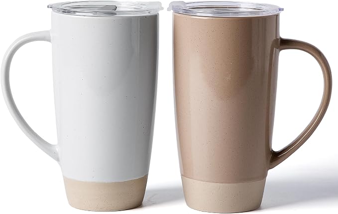 famiware Milkyway Coffee Mugs, 20oz Large Coffee Mug, Ceramic Mug Set of 2 with Lid, Cup Set with Handle for Latte, Tea, Cocoa, Milk, Home & Office, Cinnamon Brown and Light Gray by Famiware