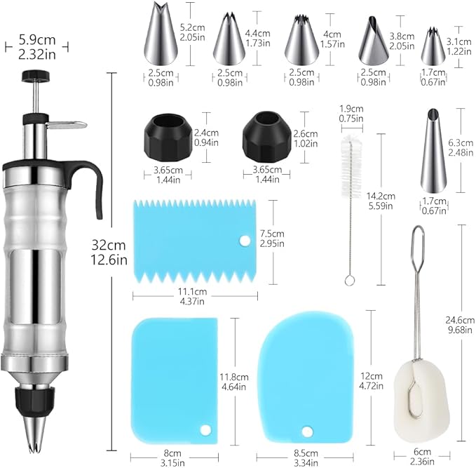 Dessert Decorating Syringe Set,Frosting Piping Kit Stainless Steels Cake Decorating Kit with 6 Icing Piping Tips 3 Cream Scraper for Frosting Cream to Make Cupcakes
