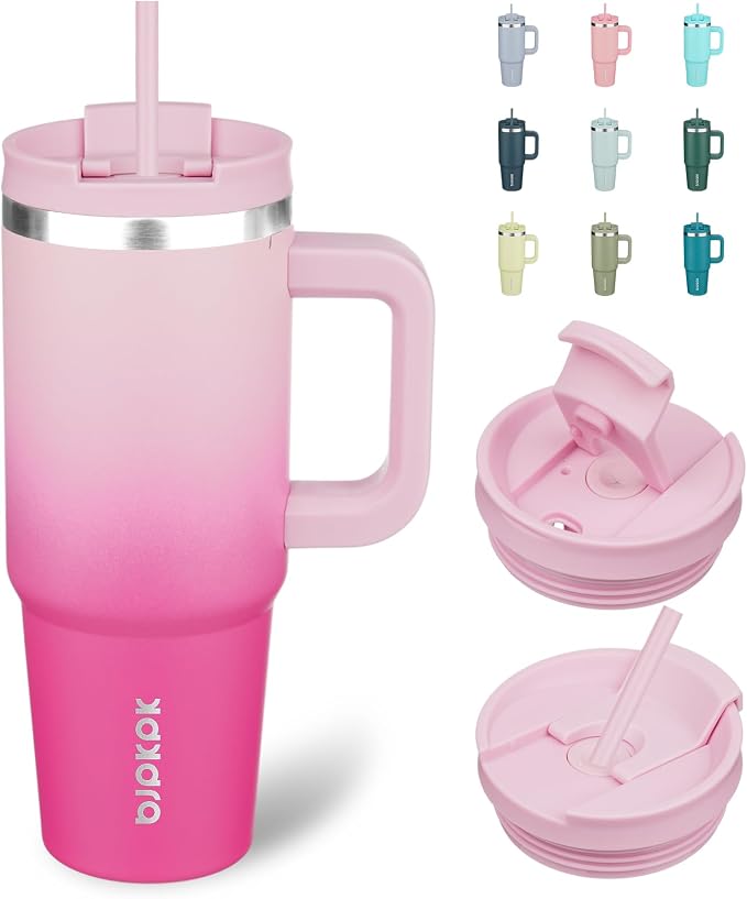 BJPKPK 30 oz Insulated Tumbler with Handle & Straw, Stainless Steel | Double Wall Vacuum Insulation, Leak Proof, BPA Free, Dishwasher Safe, Cupholder Friendly, Travel & Outdoor, Cherry Blossom by BJPKPK