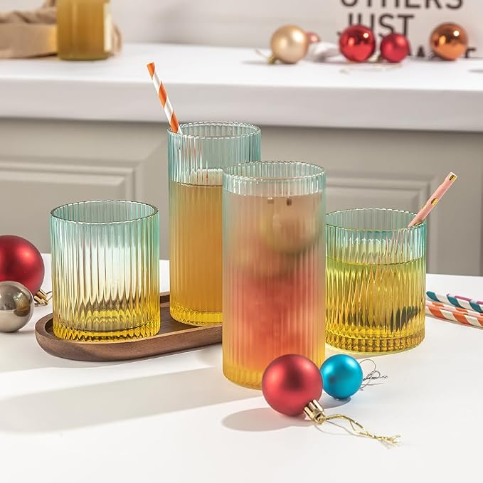 Ribbed Drinking Glasses 8pcs, 12oz and 10oz Glassware, Tumbler Glasses Cup Set for Wedding, Party, Christmas Gift, Golden Green - Image 2