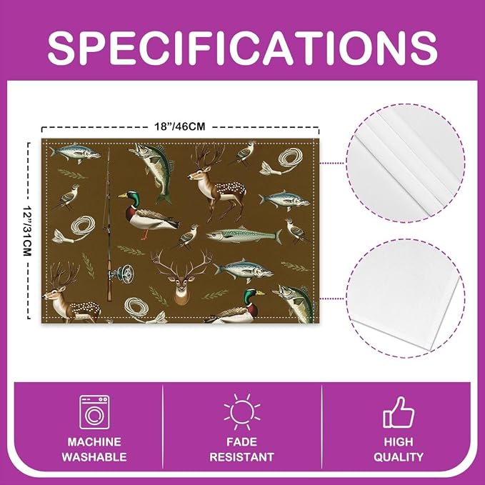 Feelyou Hunting and Fishing Placemats Set of 4 12x18 Inch Big Bass Pike Fish Table Mats for Party Kitchen Dining Decoration Holiday Seasonal Deer Hunting Place Mat for Dinner Table Indoor Outdoor - Image 4