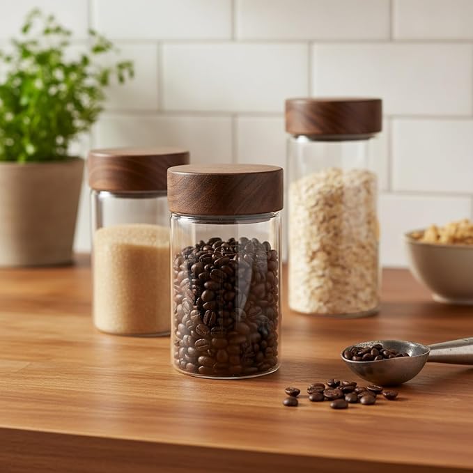 Glass Storage Jar with Acacia Wood Lid, Borosilicate Food Canister for Coffee Beans Tea Sugar Dry Pantry Staples (1 PC) - Image 2