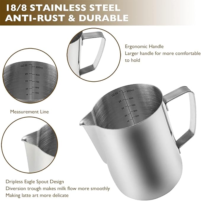 CAMKYDE Stainless Steel Milk Frothing Pitcher 32 oz, Espresso Steaming Pitcher with Decorating Pen for Espresso Machines, Cappuccino, Latte Art (Silver)