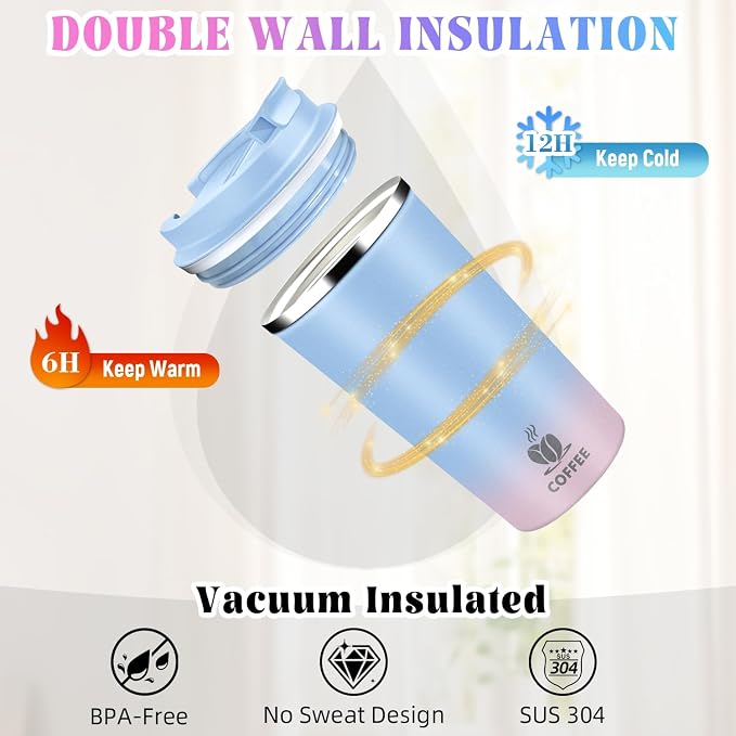 17oz Insulated Travel Coffee Mug with Flip Lid – Leakproof Stainless Steel Insulated Coffee Tumblers, Reusable Coffee Cup for Hot & Cold Drinks, Perfect for Camping & On-the-Go - Image 5