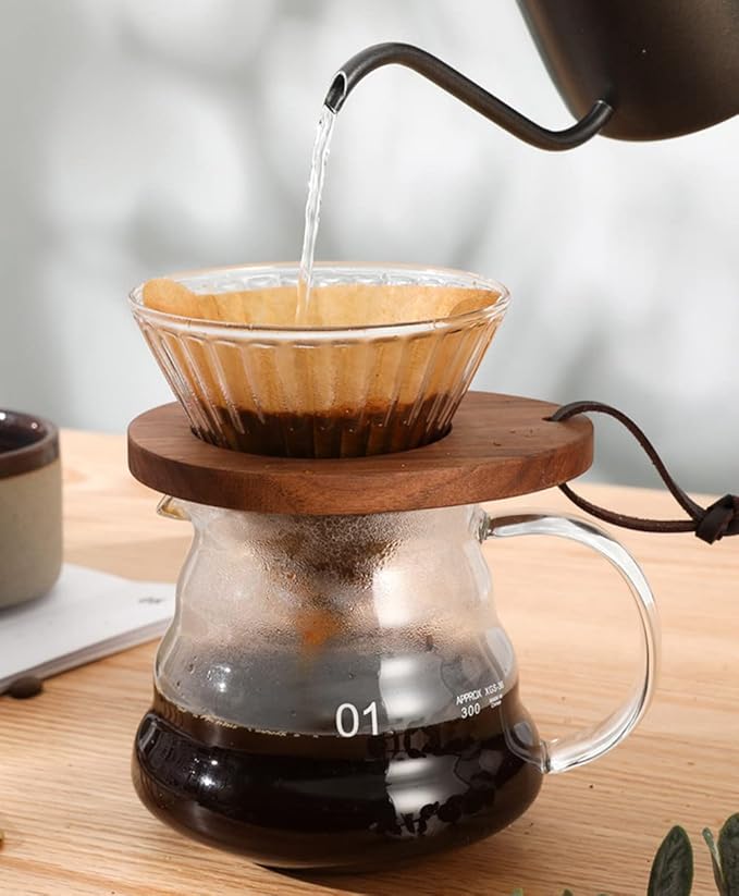 Pour Over Coffee Dripper V60 Glass Coffee Funnel Filter Reusable Cone Brewer with Black Walnut Wood Base Brewing Coffee Dripper Accessory for Coffee Pot Coffee Maker