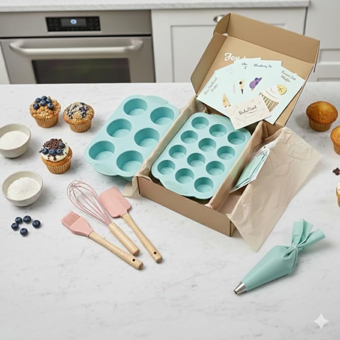 Silicone Baking Set – Gift-Ready BPA-Free Bakeware Kit with Non Stick Silicone Mini Muffin Pan, Cupcake Pan, Baking Utensils, Piping Bag & Recipe Cards – Cake Mold Starter Set for Baking