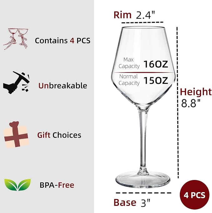 Dicunoy Set of 4 Unbreakable Stemmed Wine Glasses, 16 oz Outdoor Plastic Wine Glasses, Plastic Goblets Glassware, Reusable, BPA-Free, Classic Cups for Patio, Poolside, Camping - Image 2