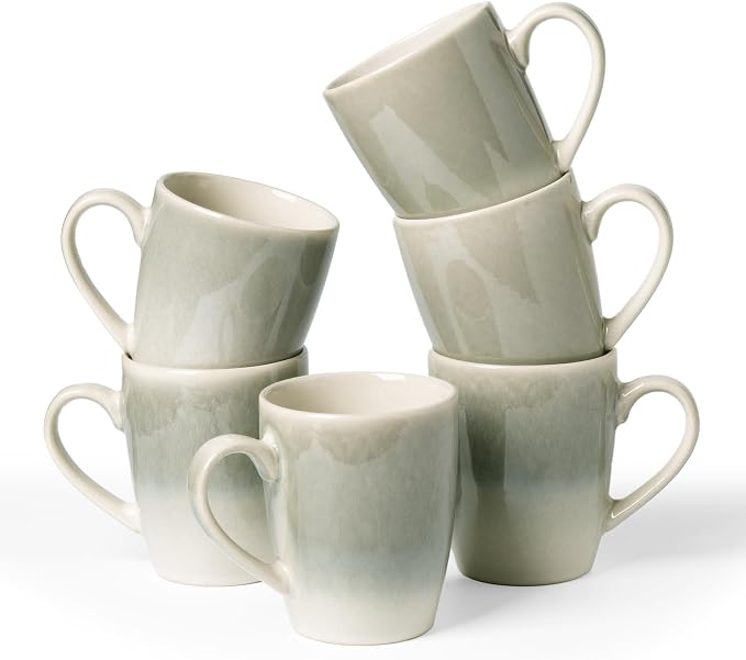 famiware Coffee Mugs Set, 13oz Mug Set of 6, Stoneware Cups for Latte, Hot Tea, Mocha, Cocoa, Cappuccino, Microwave and Dishwasher Safe, Glacier Series, Sage Green by Famiware