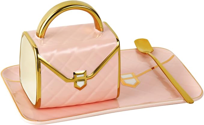 Pink Handbag Shaped Coffee Mug and Saucer,10 Oz Ceramic Purse Cup Set | 10 oz,ceramic,handbag mug with matching saucer,cute creative tea cup styling,for women and Thanksgiving by Fovima