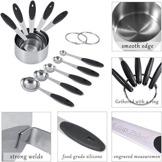 Measuring Cups and Spoons Set, Set of 10 Stainless Steel Measuring Cups and Spoons Stackable with Silicone Handles for Kitchen Cooking Baking