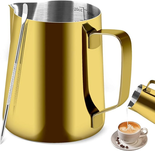 Milk Frothing Pitcher, 20OZ/600ML Stainless Steel Espresso Steaming Pitcher Coffee Milk Frother Cup with Decorating Art Pen for Espresso Machine, Milk Frother, Latte Art
