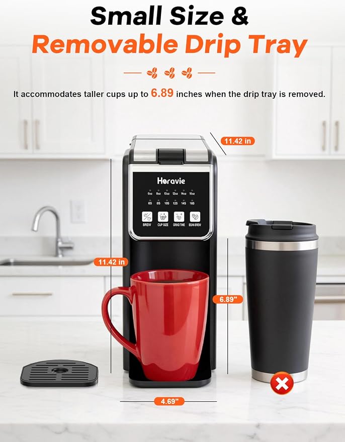 Horavie Single Serve Coffee Maker with Built-in Grinder, Fast Brew 6-16oz Single Cup for Whole Beans, Grounds, K Pod, Grind and Brew Coffee Maker with 47oz Water Tank, Descaling Alert, Black - Image 7