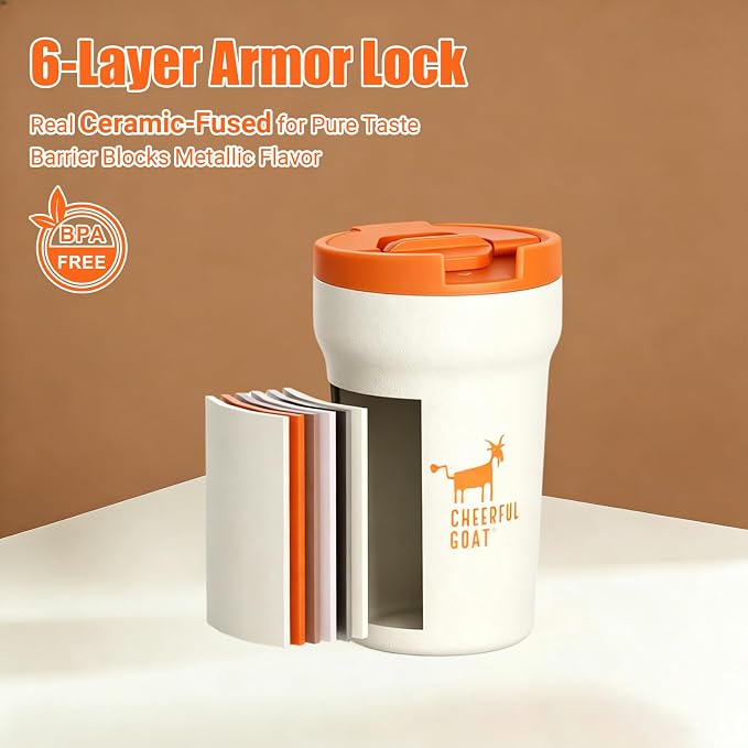 CHEERFUL GOAT Ceramic Lined Coffee Travel Mug – Stainless Steel Travel Coffee Tumbler with Ceramic Liner, with lid, 12oz Coffee Cup for Hot and Cold Water Coffee at Home, Office, or On the Go (white) - Image 4