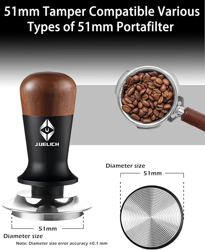 51mm Espresso Tamper with Wooden Handle – Spring-Loaded Coffee Distributor for Even Coffee Grounds – Barista Hand Tool, Stainless Steel Coffee Leveling Tool, Classic Coffee Accessories (51mm)