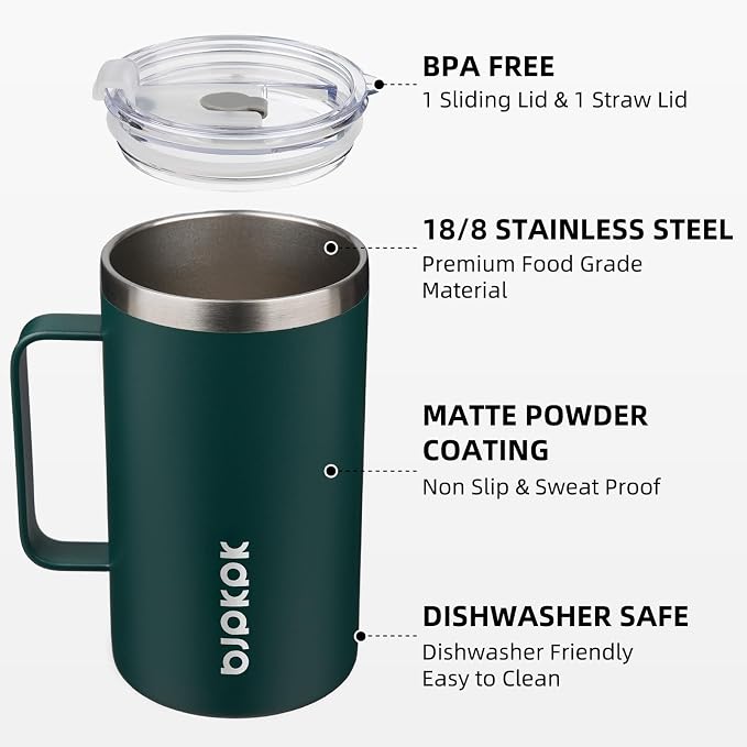 BJPKPK 25oz Insulated Coffee Mug with Handle, Stainless Steel Travel Mug | Keeps Drinks Hot & Cold, Double Wall Vacuum, 2 Lids Included, BPA-Free Coffee Tumbler for Home, Office & Travel - Image 2