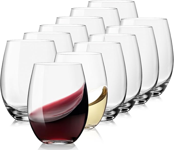 OJA Wine Glasses Set, Crystal Stemless Red Wine Glass, Set of 12, 15 oz | No Stem, Clear, Sturdy Drinking Glass for White Wine, Daily Use, Birthday, Wedding, Home Party, Anniversary, Shower Gift by oja