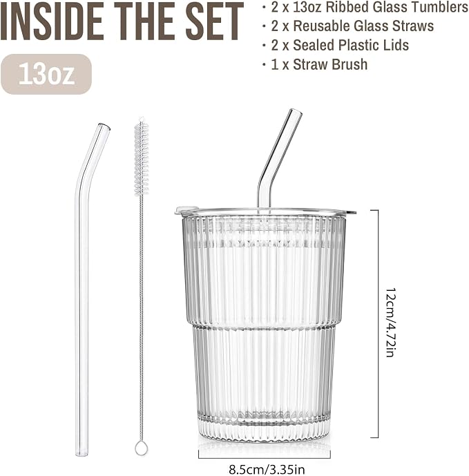 SoulTimes 13oz Ribbed Glass Tumbler with Lid and Straw – Iced Coffee Glasses Cups for Smoothie, Matcha, Juice, Water etc. Leakproof and Reusable Glassware Drinking for Travel To Go 【2 Pack】 - Image 3
