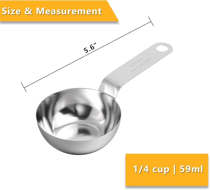 2PCS 1/4Cup (59ml, 2oz) Single Measuring Cup with Black Silicone Grip, 18/8 Stainless Steel Individual Measure Scoop Only