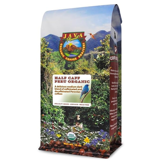 Low Acid Organic Coffee – Whole Bean, Mold-Free & Stomach Friendly by Java Planet, Peruvian Single Origin Half Caff Coffee, Medium Dark Roast, Arabica Gourmet Coffee Grade A, 1LB Bag