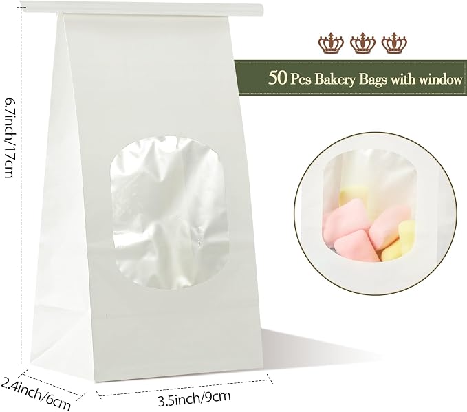 Tenare 50 Pieces Bakery Bag with Window Kraft Paper Bag 3.54 x 2.36 x 6.69" | Christmas Tin Tie Tab Lock and 60 Pieces Handmade Label Seal Stickers Window for Xmas Coffee Cookie Treat - Image 2