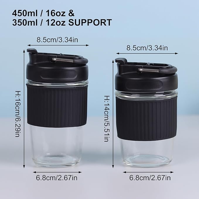 Sivaphe Reusable Glass Ice Hot Coffee Cup 16 oz, Portable Travel Mug with Spill-Proof Lid and Thermal Sleeve for Home Office Blue