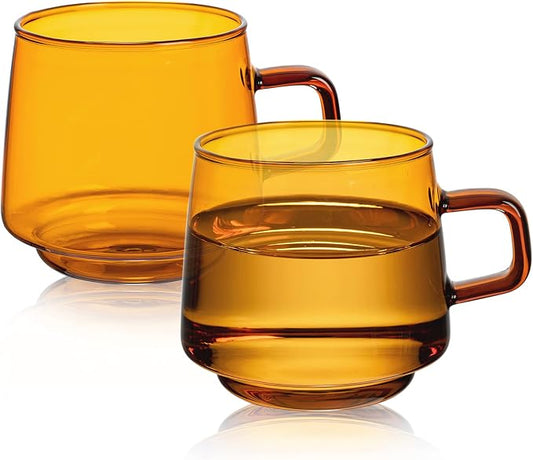 Joeyan Amber Glass Coffee Mugs Set of 2-10 oz Glass Stackable Coffee Cups with Handle - Colored Tea Cups Drinking Glasses for Espresso, Cappuccino, Latte, Tea, Milk by JoeyanHousehold