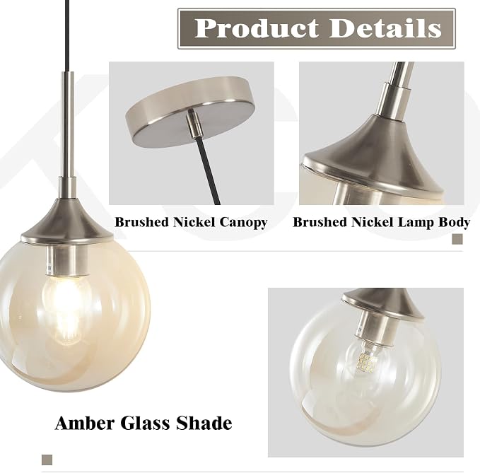 KCO Lighting 7.1" Amber Glass Pendant Light Brushed Nickel Pendant Lighting Modern Globe Pendant Light Mid Century Hanging Light Small Pendant Lights for Kitchen - Image 3