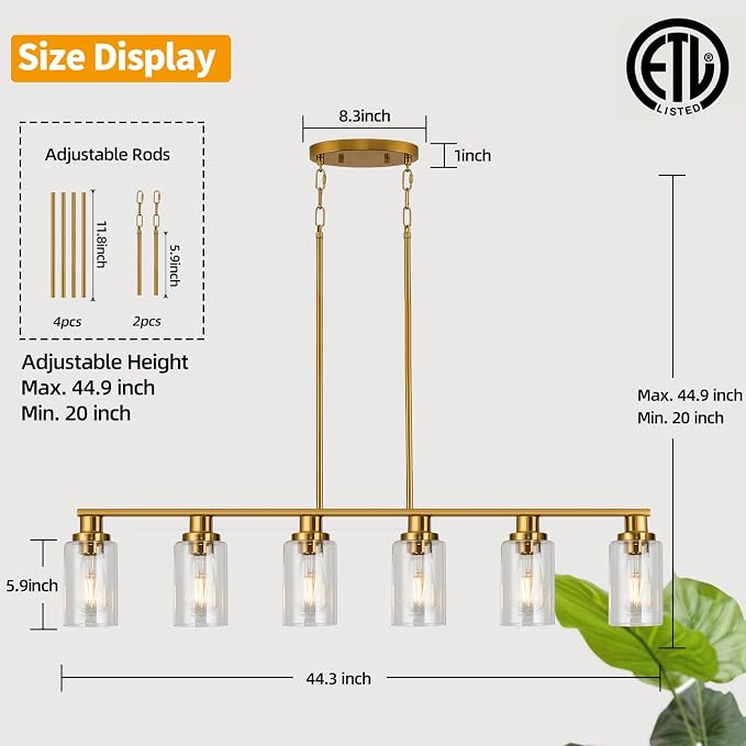 Kitchen Island Lighting, 6-Light Modern Dining Room Light Fixture Over Table,44.3'' Vintage Farmhouse Gold Linear Chandelier, Industrial Pendant Lights for Kitchen Island with Clear Glass Shade - Image 2