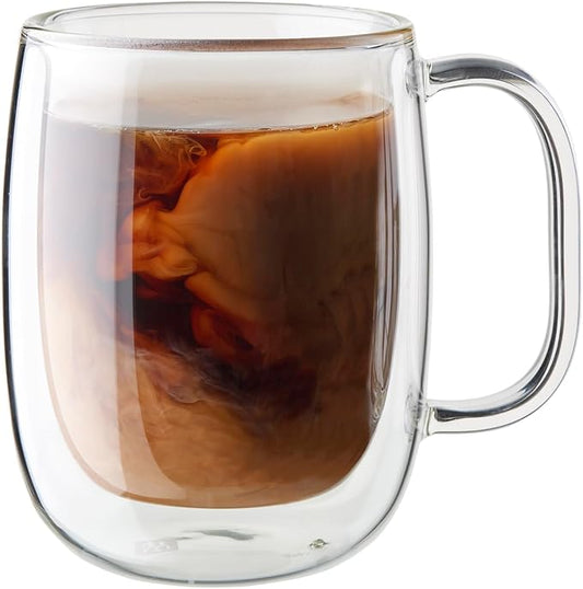 Zwilling Sorrento Plus 2-Pc Double Wall Insulated Glass Coffee Mug Set | Double-Wall Glass Keeps Drinks Hot or Cold Longer. Comfortable to hold. Mouth-blown Glass Mugs by Skilled Artisan by Zwilling