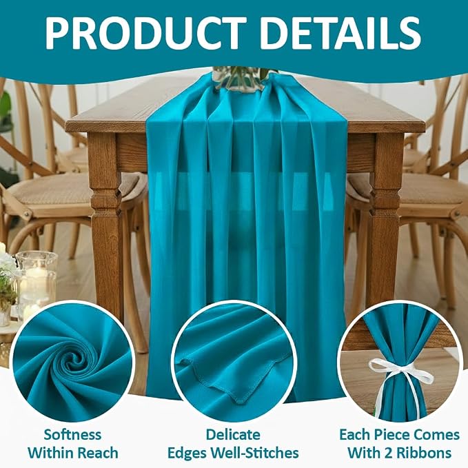 Pack of 5 | Peacock Blue | 10ft Chiffon Table Runner 29x170 Inches Long Romantic Rustic Sheer Gauze Runner for Wedding Bridal Shower Birthday Banquets Engagement Spring Easter Boho Decorationss - Image 5