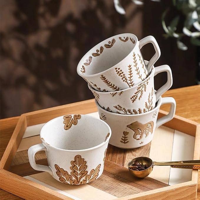 Small Ceramic Mug 1 pc, 11oz - Vintage Coffee Mug, Pottery Cups for Milk, Latte, Cappuccino, Tea - Handmade Porcelain Dishwasher, Microwave Safe Stoneware Gift for Women Men, Brown Leaf - Image 8