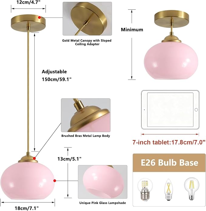 KCO Lighting Pink Globe Pendant Light Mid Century Modern Small Glass Pendant Lighting Brass Gold Chandelier Nordic Girl Room Kitchen Island - Image 2