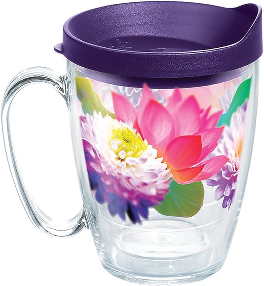 Tervis Plastic Floral Filter Tumbler with Wrap and Royal Purple Lid 16oz Mug, Clear by TervisTumblerCompany