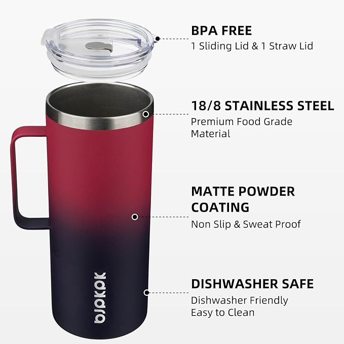 BJPKPK 32oz Insulated Coffee Mug with Handle, Stainless Steel Travel Mug | Keeps Drinks Hot & Cold, Double Wall Vacuum, 2 Lids Included, BPA-Free Coffee Tumbler for Home, Office & Travel - Image 2