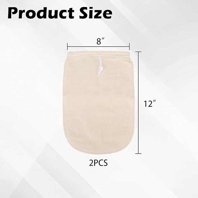2 Pack Organic Cotton Cold Brew Coffee Filter Bags, Reusable with Drawstring, 8x12 Inch, for Pitchers, Mason Jars, Toddy Systems
