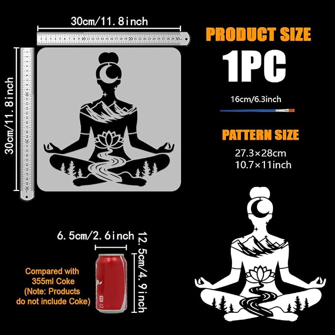 FINGERINSPIRE Yoga Stencil with Paint Brush 11.8x11.8inch Reusable Yoga Pose Stencil Mountains Lotus Flowers Woods Pattern Template Yoga with Natural Scenery Template for Painting on Wood Wall - Image 2