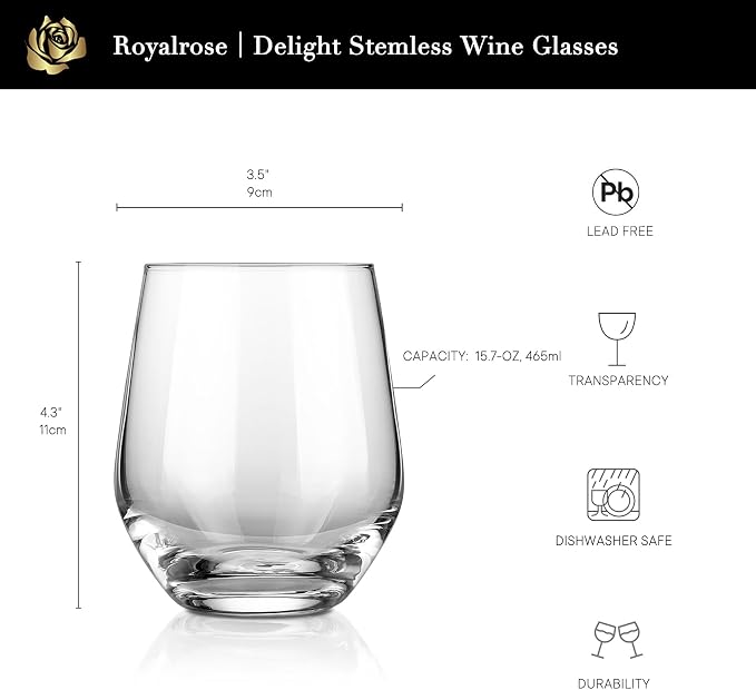 Royalrose Delight 15.7 oz Drinking Glasses Set of 4 (Stemless Wine Glasses) | Premium Stemless Water Glasses, Cocktails, Sparkling Water, Elegant Drinkware for Entertaining or Daily Use - Image 3