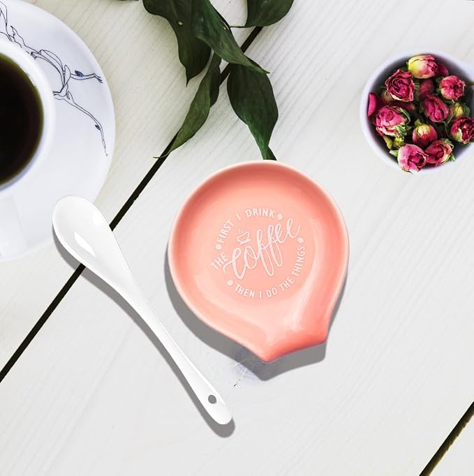Funny Coffee Quote First I Drink The Coffee Then I Do The Things Ceramic Spoon Holder- Orange Pink Coffee Spoon Rest -Cafe Station Bar Accessories - Image 6