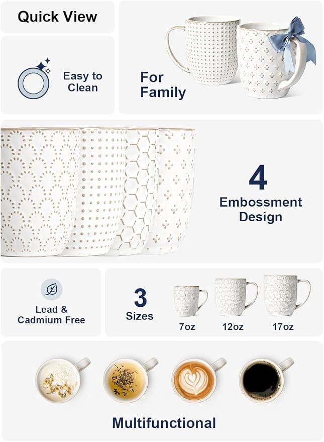 LE TAUCI Coffee Mugs 12 oz, Ceramic Mug Set Set of 4, Embossment Cups for Espresso, Latte, Tea, Cocoa, Cappuccino & Mocha, Dishwasher Oven Microwave Safe - 3.4 inch, Arctic White - Image 5